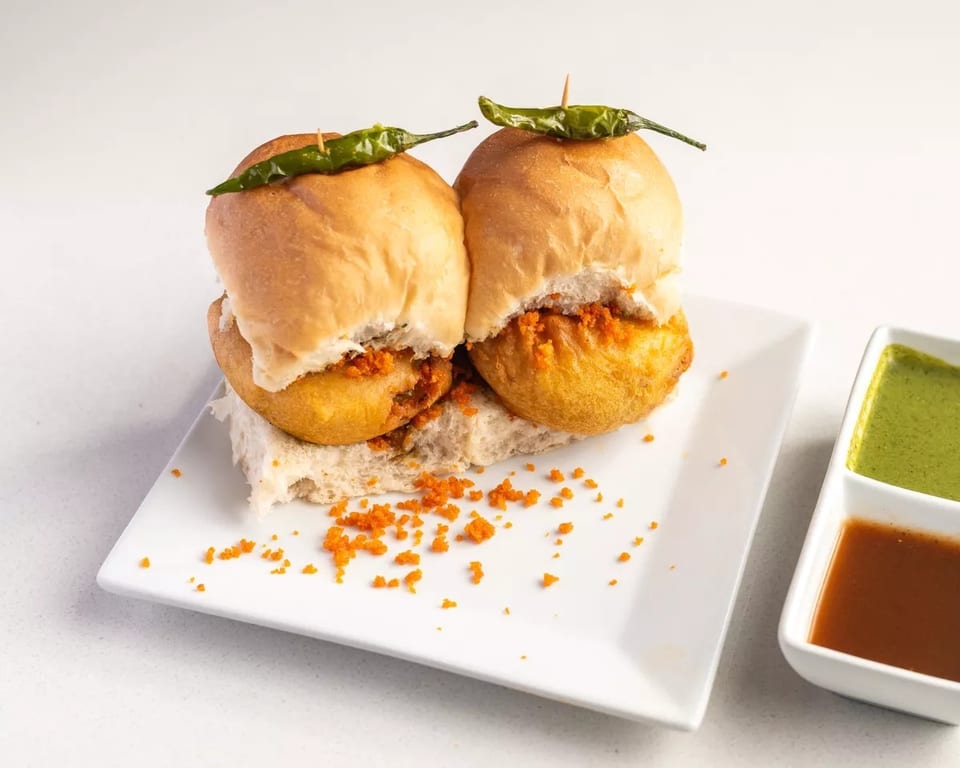 Two vada pav sliders with green chilies on top, served with green and brown chutneys.