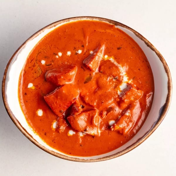Overhead view of a bowl of vibrant orange butter chicken with white cream swirls.