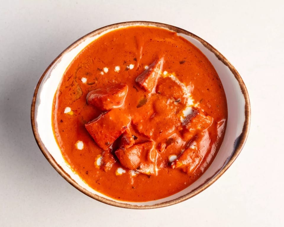 Overhead view of a bowl of vibrant orange butter chicken with white cream swirls.